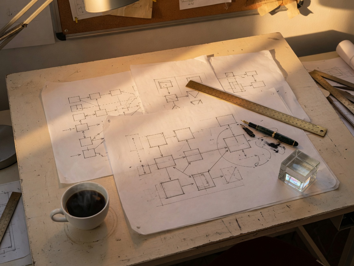 Hand-drawn system diagrams on a drafting table.
