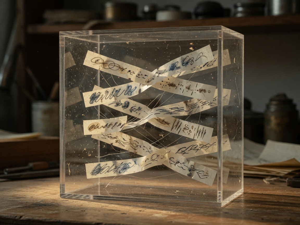 Dialog fragments sealed inside a clear cube.