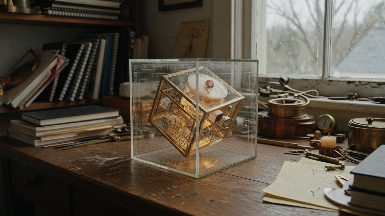 A glass research cube on a workshop table, lit from within.