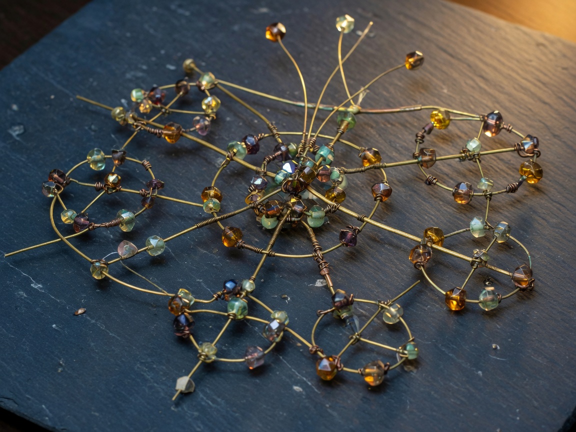 Brass and glass network topology on slate.