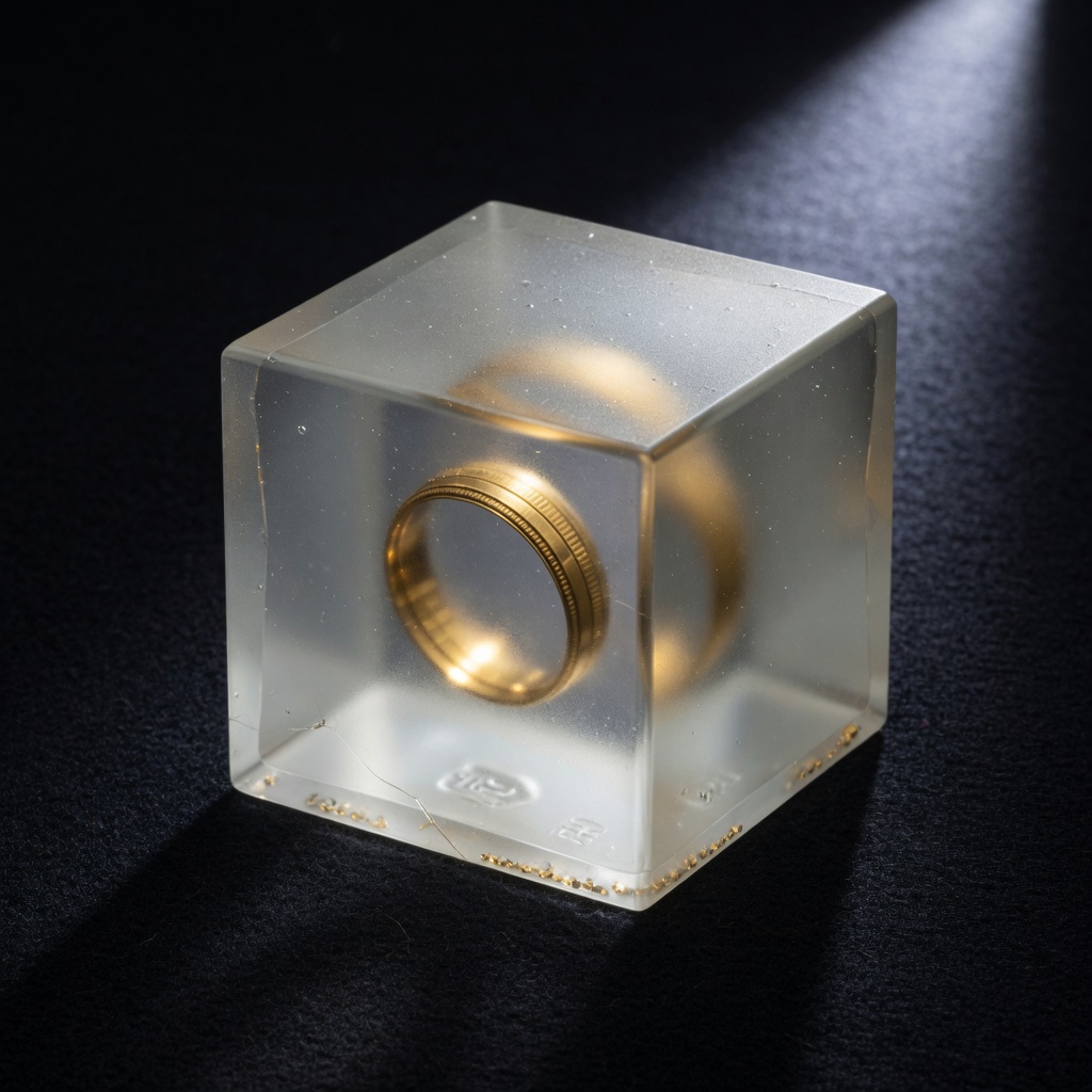 Sealed frosted cube with an interior gold ring.